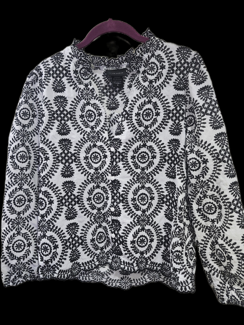 Embroidered Black & White Popover Blouse - Women's